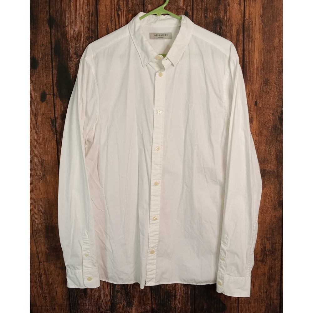 AllSaints Mens White Organic Cotton Ramskull Embroidered Button Down Shirt XL